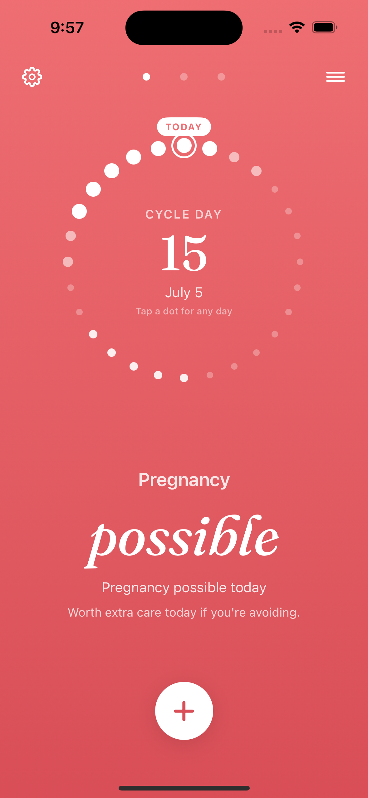July Today screen showing the cycle-day ring and status